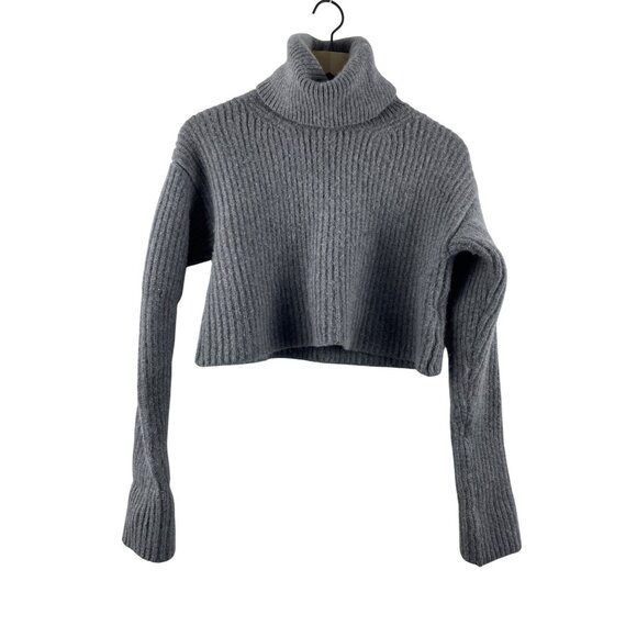 H&M | Cashmere Wool Blend Ribbed Thick Crop Turtleneck Grey Sweater Medium - Picture 1 of 8